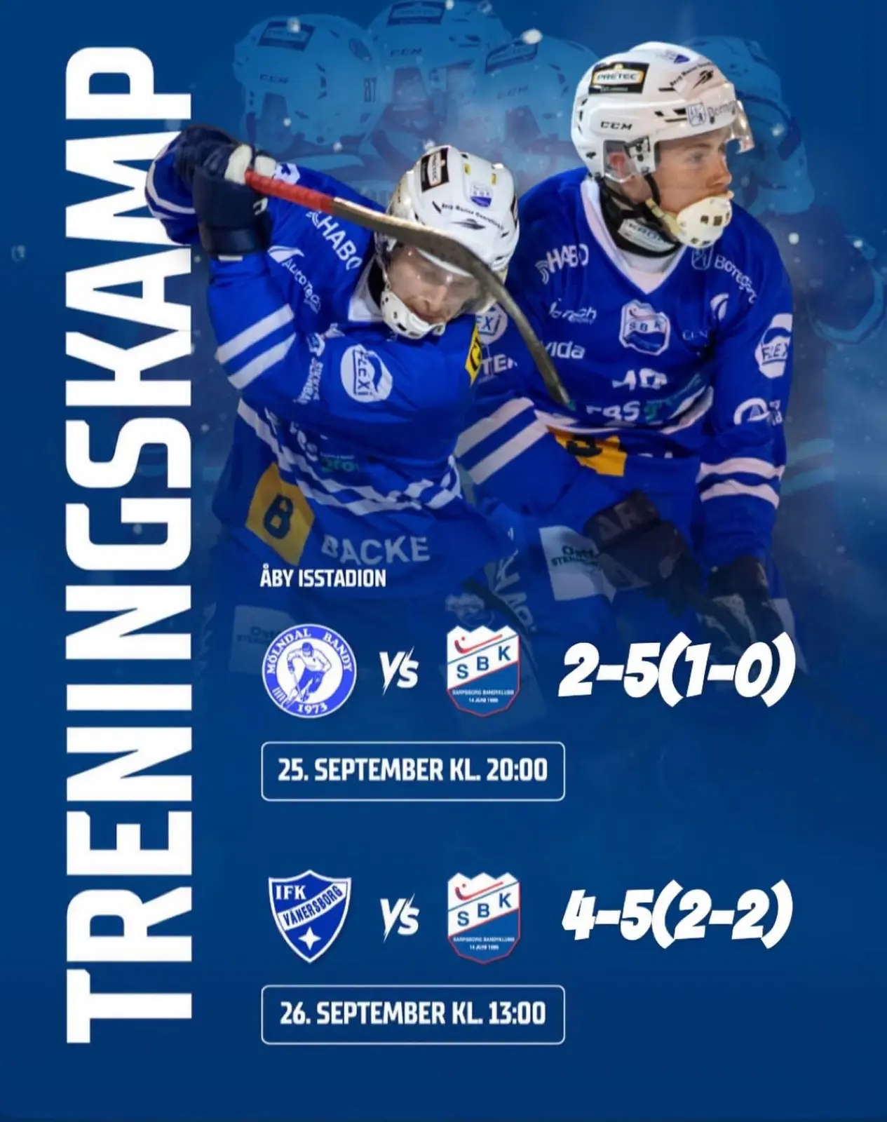 Kampgrafikk med resultatene fra treningskampene mot Mölndal og IFK Vänersborg P19